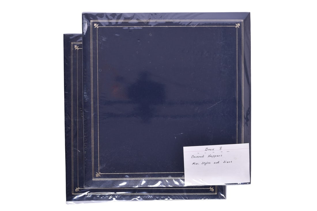 Pair of Boxcar Reference Photo Albums - Open Hoppers and Covered Hoppers: Two albums each filled with approximately 320 photos of specific railroad box cars. The first is labeled with a focus on Open Hoppers of various body styles including Twins, Triples, and Quads. The se