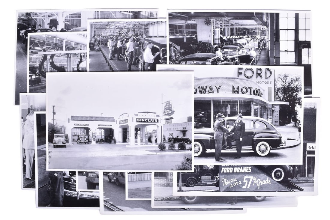 Fourteen 11"x 17" Ford Dealership and Assembly Line Photographs: Fourteen 11"x 17" Ford Dealership and Assembly Line PhotographsGroup of fourteen photos showing various Ford dealerships and the Ford assembly line from the late 1930s through early 1950s. These are a