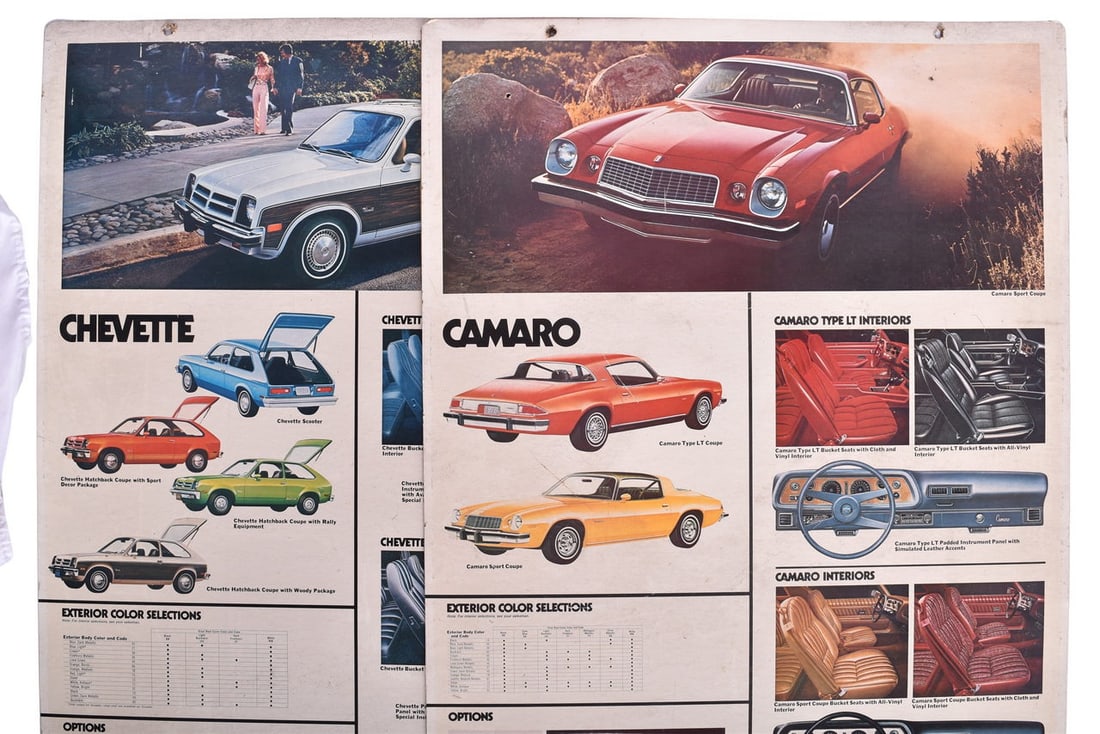 1976 Chevrolet Camaro and Chevette Dealership Showroom Specification Posters: 1976 Chevrolet Camaro and Chevette Dealership Showroom Specification PostersTwo 23" x 47" Chevy dealership posters on heavy cardboard. Features specifications for the 1976 Camaro and a second poster s
