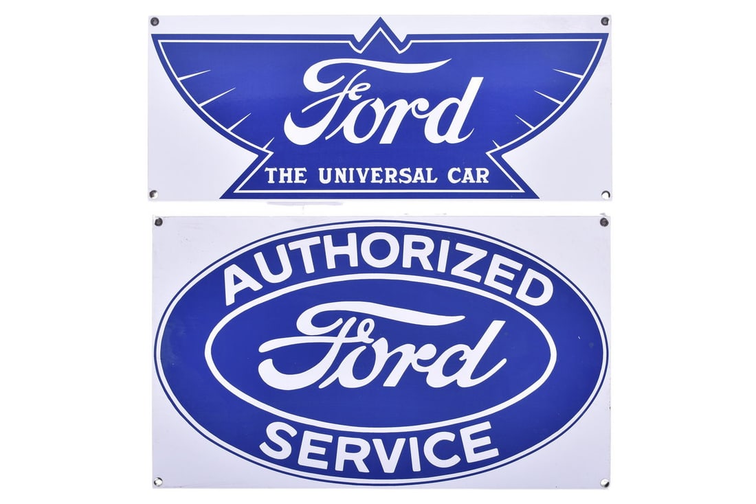 Pair of Reproduction Ford Service and Dealer Signs: Pair of Reproduction Ford Service and Dealer SignsPair of reproduction Ford porcelain signs. Includes 18 1/2" x 7 1/2" Universal Car and 18" x 10 3/4" Authorized Service. Both in good condition.