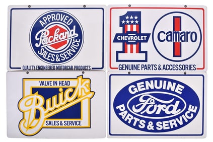 Set of Four Reproduction Double Sided Dealership Signs - Chevrolet, Buick, Ford, Packard