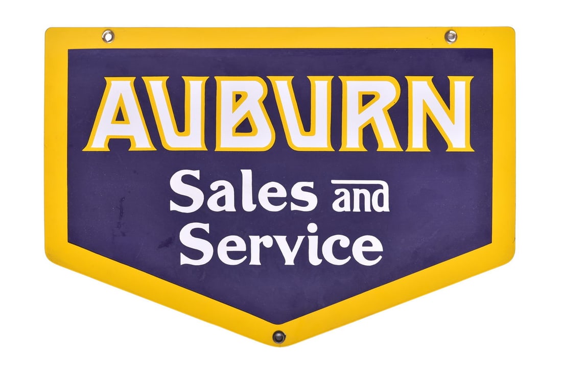 Auburn Reproduction Dealership Sales and Service Porcelain Sign: Auburn Reproduction Dealership Sales and Service Porcelain SignNicely reproduced Auburn dealership Sales and Service porcelain sign. The sign measures 22" x 13 1/2" Some minor marks, but the porcelain