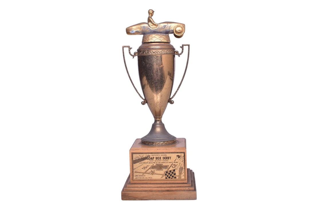 1953 Los Angeles Soap Box Derby Winner Trophy - Chevrolet Dealer Sponsored: 1953 Los Angeles Soap Box Derby Winner Trophy - Chevrolet Dealer SponsoredHeat winner trophy from the 1953 Los Angeles Soap Box Derby. The race was sponsored by the Los Angeles Daily News and Chevrole