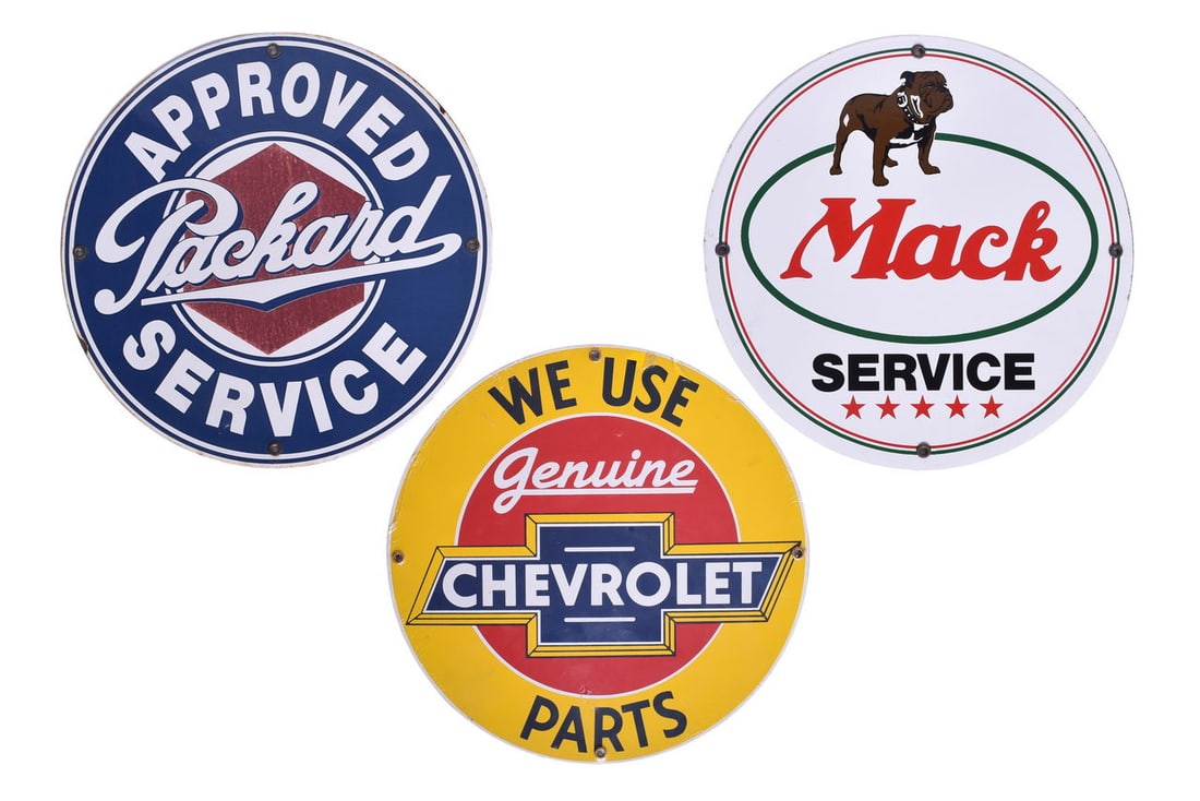 Three Reproduction Round Porcelain Signs - Packard, Chevrolet, and Mack (1 of 2)