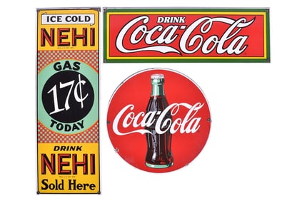 Three Porcelain Reproduction Soda Pop Signs - Coca Cola and Nehi