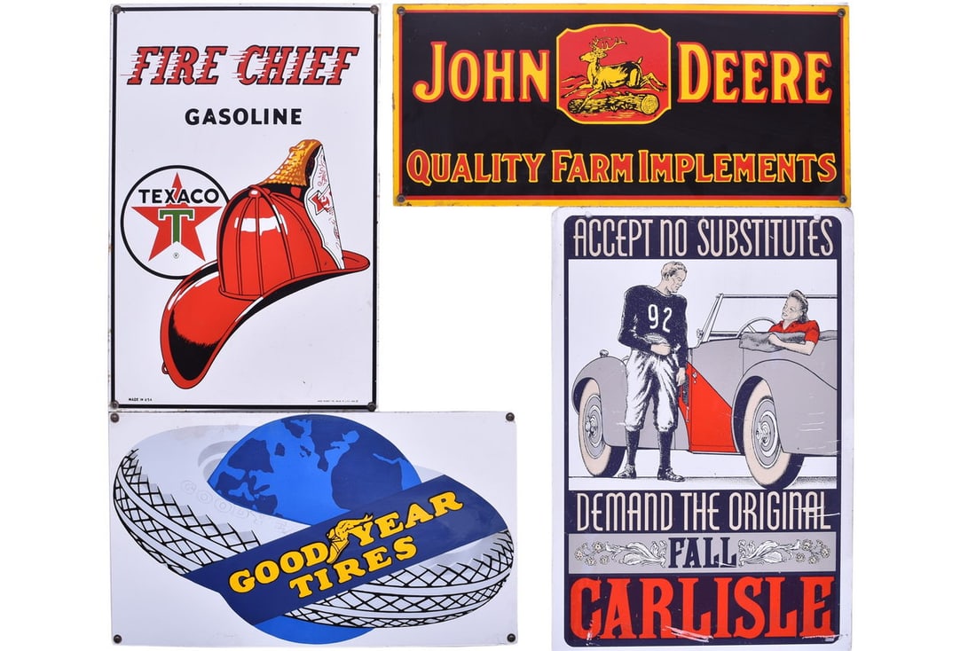 Four Steel and Porcelain Signs - Fall Carlisle, Texaco, Goodyear, John Deere (1 of 4)