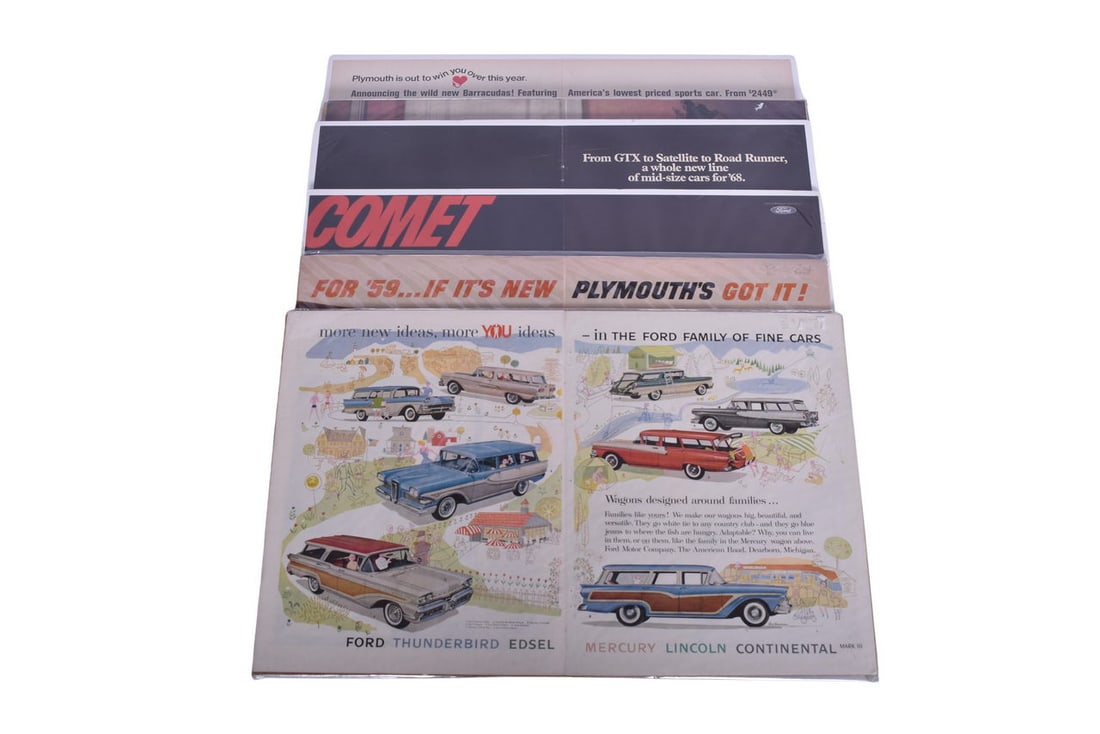 Six Mounted Automobile Advertisements- Plymouth Chrysler, Mercury Comet, 1959 Plymouth, Thunderbird, (1 of 3)