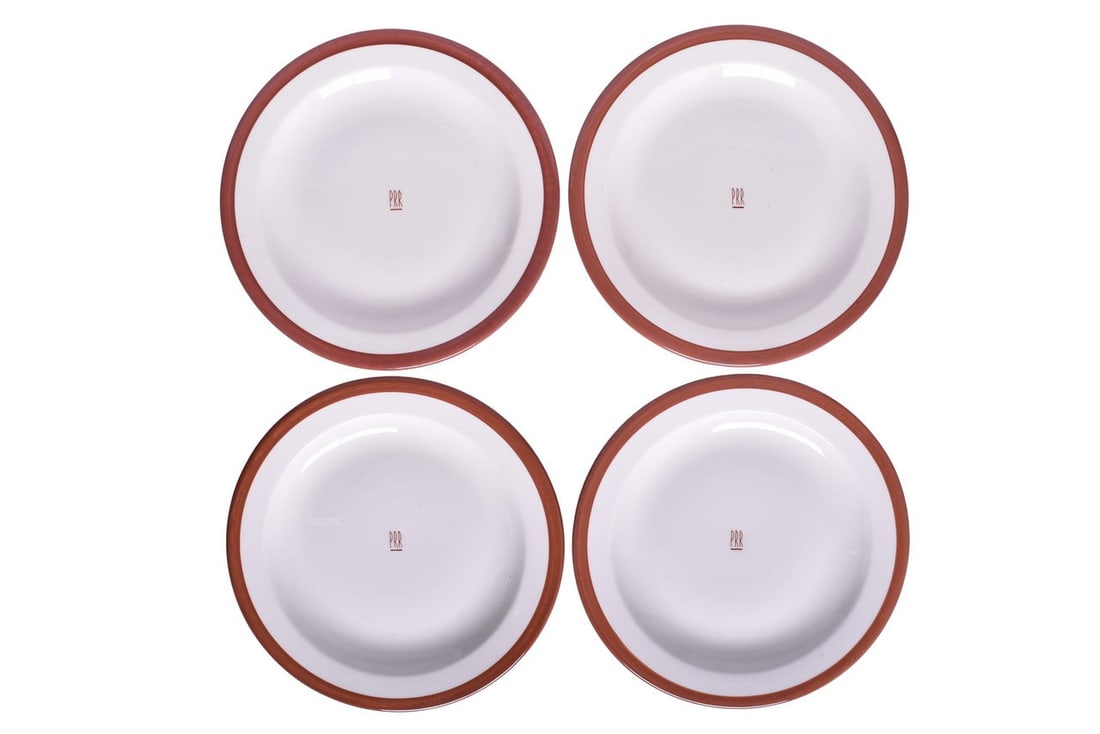 Four Pennsylvania Railroad Scammell Gotham China Dinner Service Plates 10 5/8": Four Pennsylvania Railroad Scammell Gotham China Dinner Service Plates 10 5/8" Set of 10 5/8" railroad dining car china service plates for the Pennsylvania Railroad in the Gotham pattern. The plates a