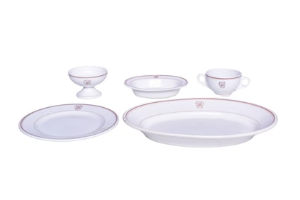 Five Pieces of Pennsylvania Railroad Keystone China Oval Platter, Ice Cream Cup, Bouillon Cup, Baker