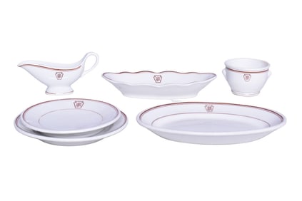Six Pieces of Pennsylvania Railroad Keystone China Oval Celery Tray, Gravy Boat, Double Egg Cup, Ova