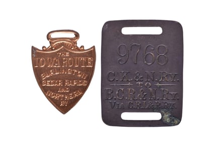 Pair of Burlington Cedar Rapids and Northern Railway Railroad Luggage Tags