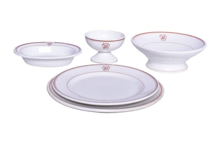 Six Pieces of Pennsylvania Railroad Keystone China Pedestal Compote, Dinner Plate, Ice Cream Cup, Ov