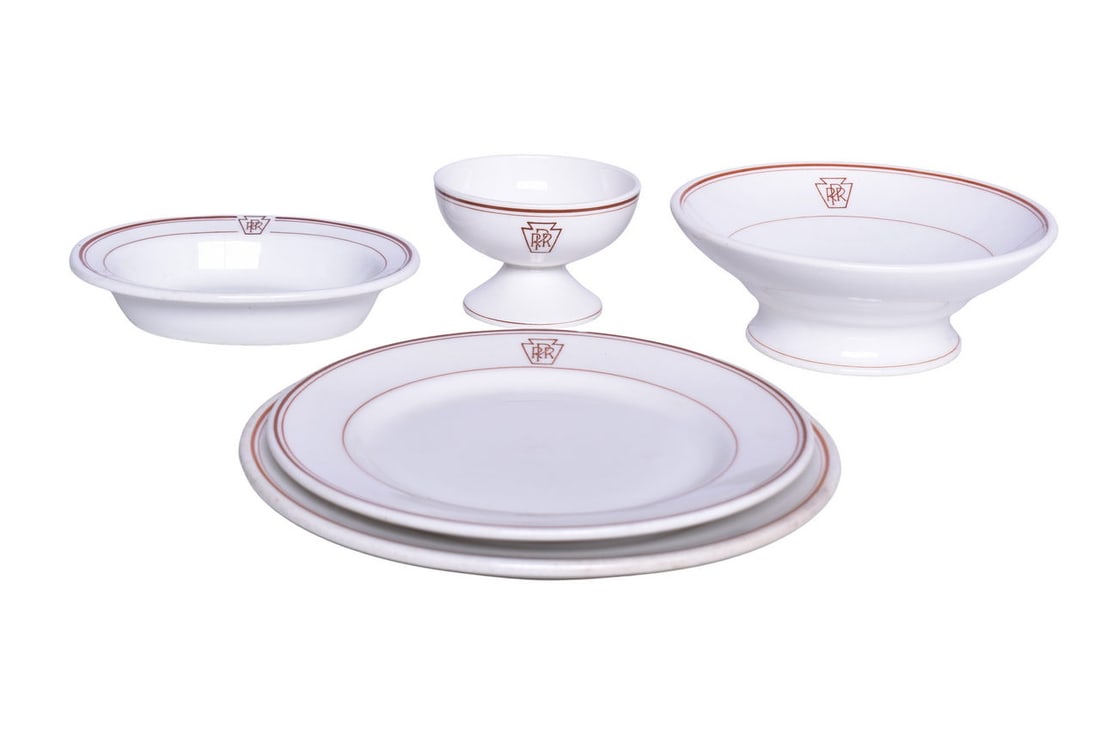 Six Pieces of Pennsylvania Railroad Keystone China Pedestal Compote, Dinner Plate, Ice Cream Cup, Ov: Six Pieces of Pennsylvania Railroad Keystone China Pedestal Compote, Dinner Plate, Ice Cream Cup, Oval Bakers Dish Includes a 7 1/2" diameter pedestal compote bowl by Syracuse, showing general use wit