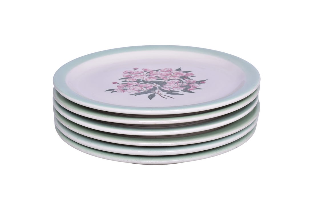 Six Pennsylvania Railroad Shenango China Mountain Laurel Dinner Plates 9 5/8": Six Pennsylvania Railroad Shenango China Mountain Laurel Dinner Plates 9 5/8" Group of dining car china dinner plates for the Pennsylvania Railroad in the Mountain Laurel pattern, measuring 9 5/8". Al