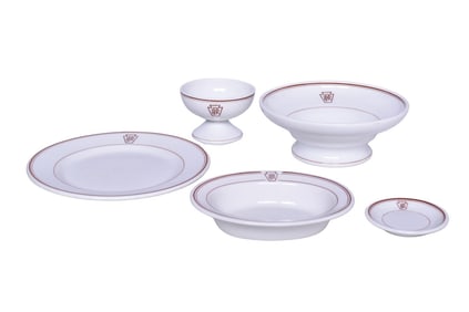 Five Pieces of Pennsylvania Railroad Keystone China Pedestal Compote Bowl, Ice Cream Cup, Plate, Ova