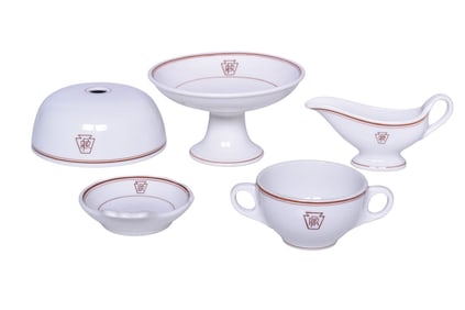 Five Pieces of Pennsylvania Railroad China Keystone Hot Food Cover, Pedestal Compote, Sauce Boat, an