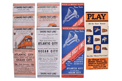 Nine Atlantic City & Shore Railroad "Shore Fast Line" Timetables and Travel Brochure - 1930 to 1939