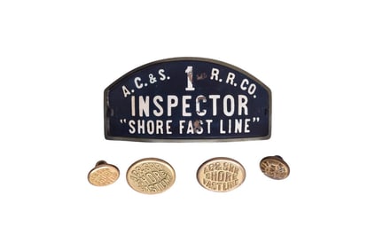 Atlantic City & Shore Railroad Inspector 1 Cap Badge and Uniform Buttons "Shore Fast Line"