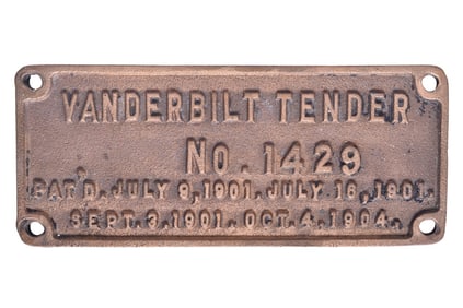Union Pacific Locomotive Number 1421 Brass Vanderbuilt Tender No. 1429 Plate