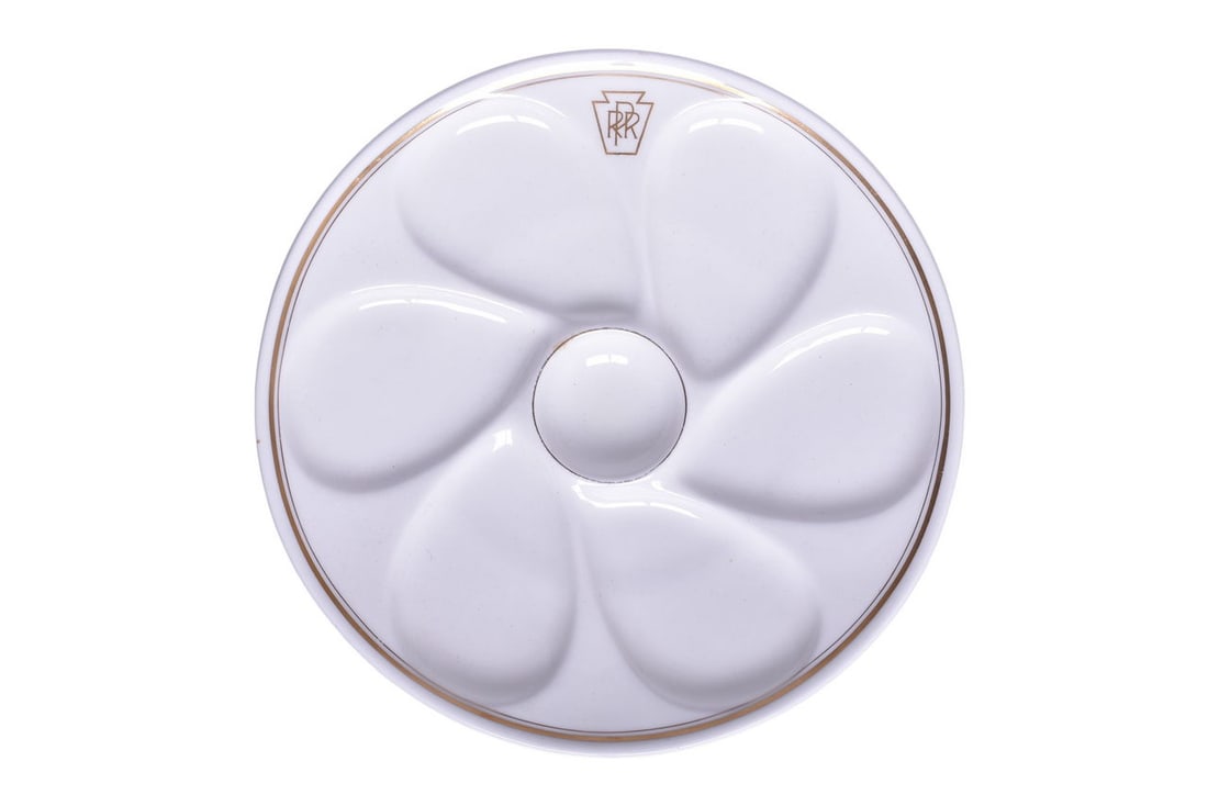 Rare Cauldon Pennsylvania Railroad Gold Keystone China Oyster Plate: Rare Cauldon Pennsylvania Railroad Gold Keystone China Oyster Plate An 8 7/8" dining car china oyster plate with 6 wells and center sauce for Pennsylvania Railroad in the Gold Keystone pattern, top ma