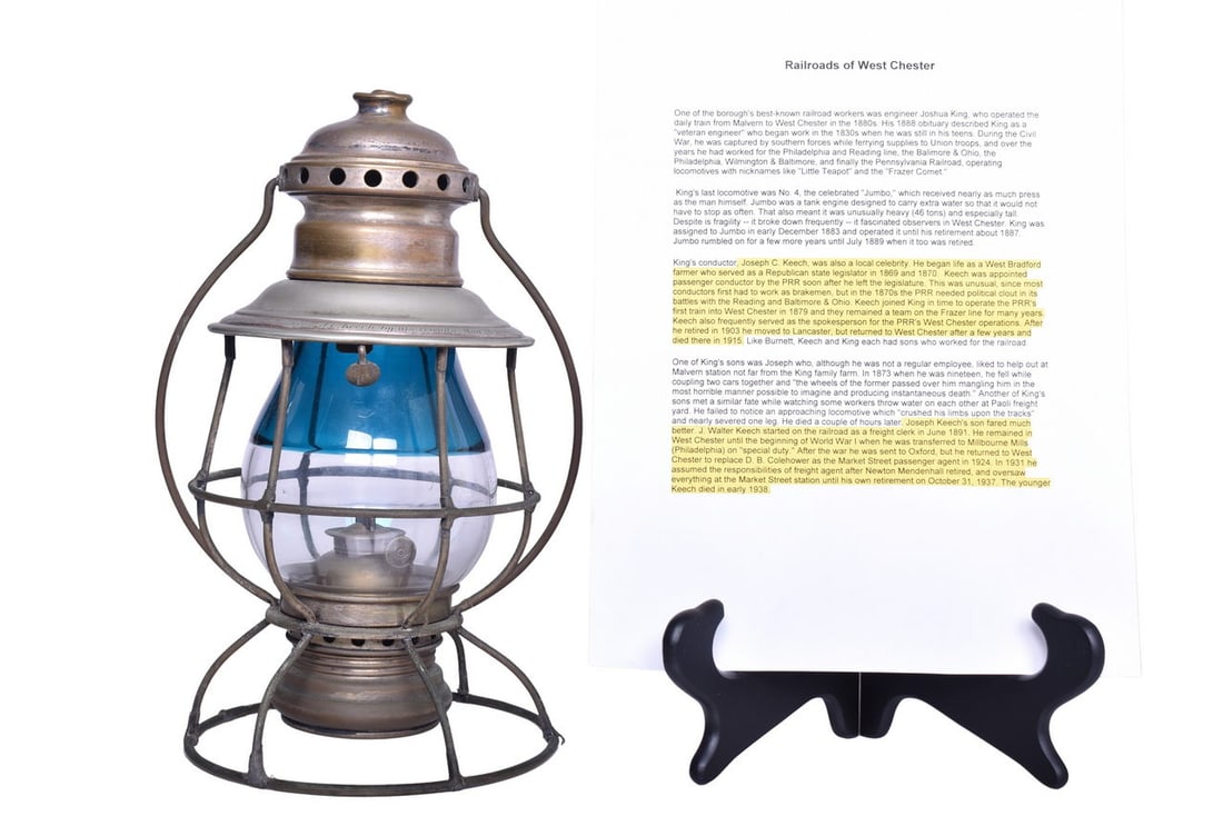 Dietz No. 8 Silver Presentation Lantern w/ Split Globe - Presented to J.C. Keech: Dietz No. 8 Silver Presentation Lantern w/ Split Globe - Presented to J.C. Keech A handsome Dietz No. 8 wire bottom lantern with a split green over clear globe. The shoulder of the lantern has been be