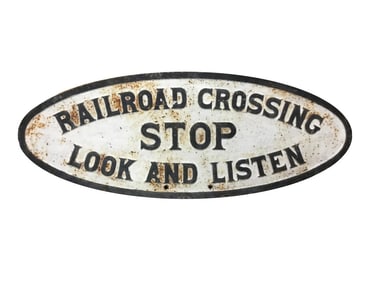 Cast Iron Oval Railroad Crossing - Stop, Look, and Listen Sign