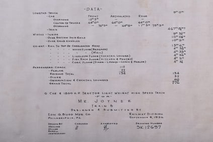 Original 1936 Budd Company Drawing for Proposed "Zephyr" 6 Car High Speed Train Set for Mr. Joyner