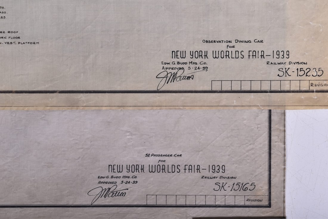 Two 1939 Budd Company New York World's Fair Original Drawings - Passenger Car and Observation Dining: Two 1939 Budd Company New York World's Fair Original Drawings - Passenger Car and Observation Dining Car Pair of original Budd Manufacturing Company railroad car drawings from May 1939, pen and pencil