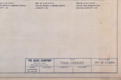 Original 1949 Budd Company Pennsylvania Railroad Train Consist Drawing - Congressional and Broadway