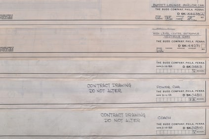 Five Original Budd Company Pennsylvania Railroad Passenger Car Drawings Dated 1955 and 1963