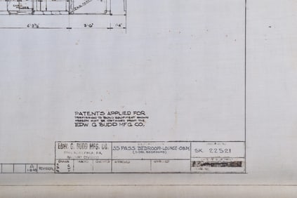 Original 1948 Budd Company Drawing for 35 Passenger Bedroom Lounge Observation Car Floor Plan