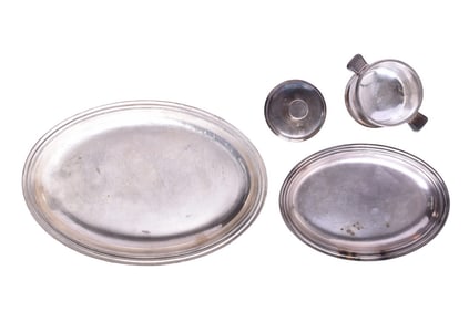 Three Pieces of Union Pacific Railroad Silver - Overland Route Trays and Sugar Bowl w/ Lid