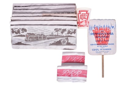Eleven Pennsylvania Railroad Passenger Car Items - Headrest Covers, Advertising Fan, Towels, and Pap