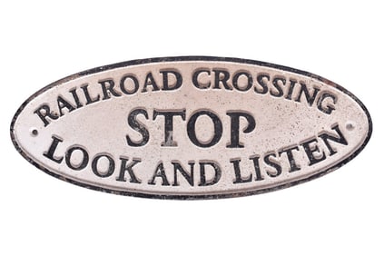 Cast Iron "Railroad Crossing Stop Look And Listen" Oval Sign