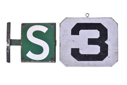 Porcelain "S" Railroad Sign and Wooden "3" Number Sign