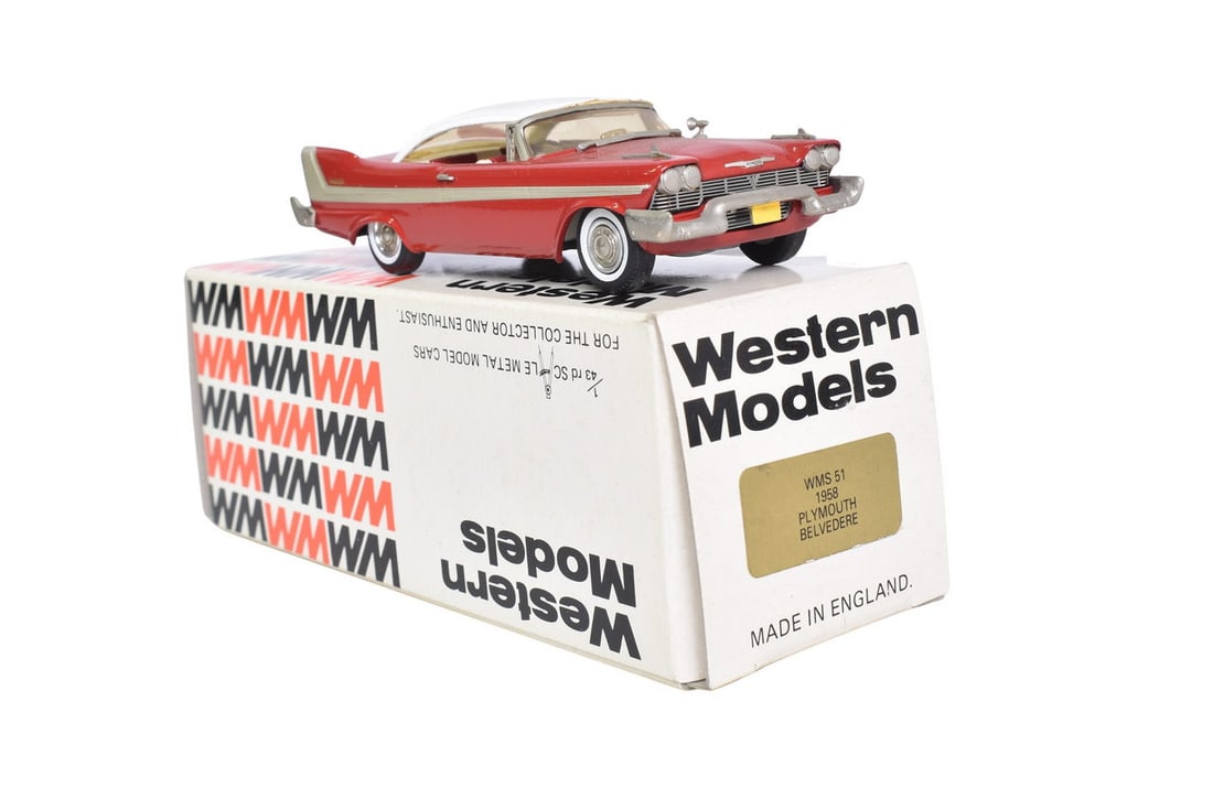 Western Models WMS 51 1958 Plymouth Belvedere: Western Models WMS 51 1958 Plymouth Belvedere Western Models white metal 1:43 scale WMS 51 1958 Plymouth Belvedere in red with white roof. Original box, bag, insert and foam, like new condition. Box s