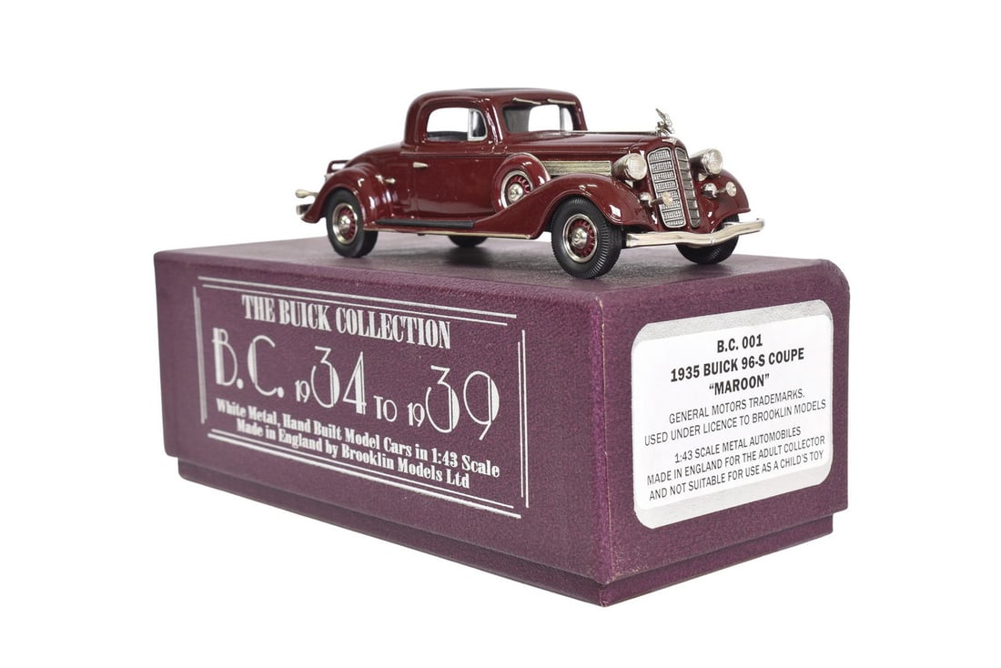 Brooklin BC001 1935 Buick 96-S Coupe: Brooklin BC001 1935 Buick 96-S Coupe Brooklin white metal 1:43 scale BC001 1935 Buick 96-S Coupe in Maroon. Original box and foam, like new condition. Box size 8" x 8" x 4"