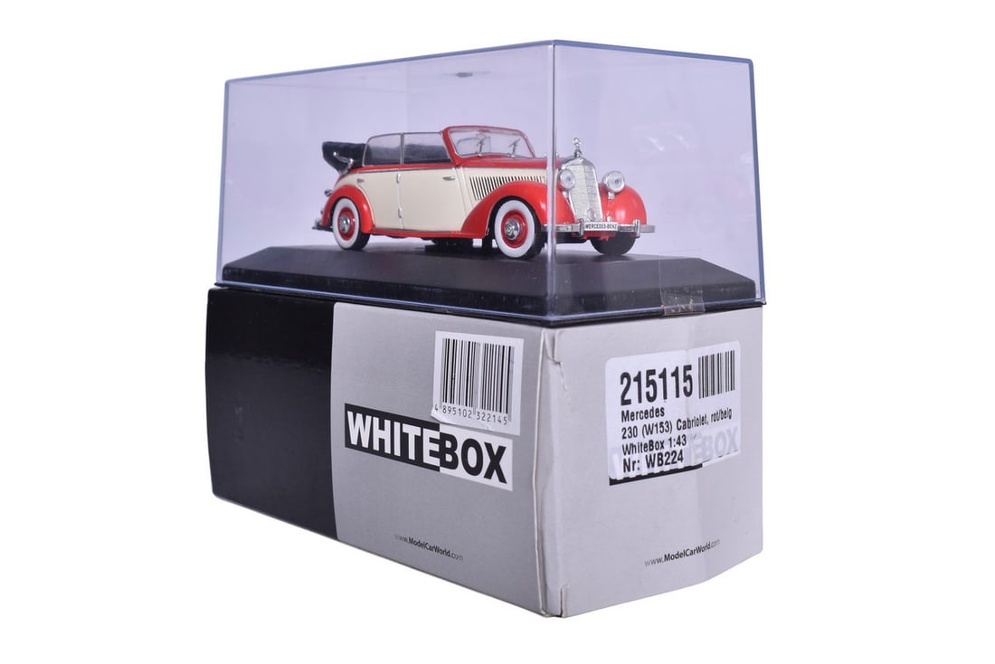 White Box WB224 1930s/40s Mercedes 230 (W153) Cabriolet: White Box WB224 1930s/40s Mercedes 230 ( W153) Cabriolet White Box die cast 1:43 scale WB224 1930s/40s Mercedes 230 ( W153) Cabriolet in red and beige. Original box, bag, and plastic display case, lik