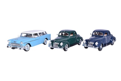 Three Maisto 1:18 Die Cast Models - 1939 Ford Deluxe and 1955 Chevrolet Nomad