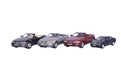 Three Maisto 1:18 Die Cast 1989 Mercedes-Benz 500 SL, Maisto 1:26 Die Cast Mercedes-Benz S-Class