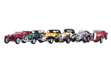 Six Polistil / Tonka 1:16 Die Cast Models - BMW 328, Alfetta, Morgan Plus 8, and 1:14 Fiat 508
