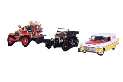 Three 1:18 Die Cast Models - Signature Series Ford Model T Fire Engine, Touring, and 1955 Chevy