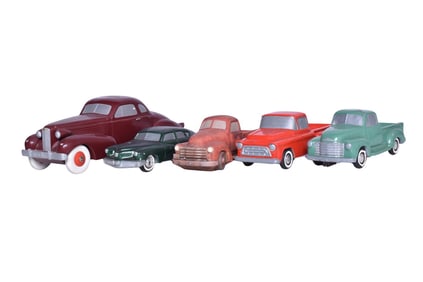 Five Die Cast Pickup Truck and Car Models - 1951 Chevy Pickup, 1957 Chevy Pickup