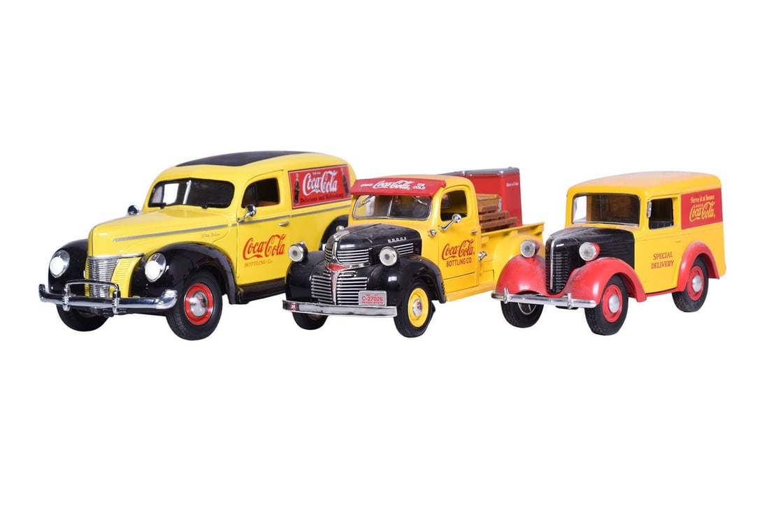 Three Coca-Cola Die Cast Car Models - Matchbox Ford Sedan, Tirelire Panel Van, ERTL Dodge (1 of 4)