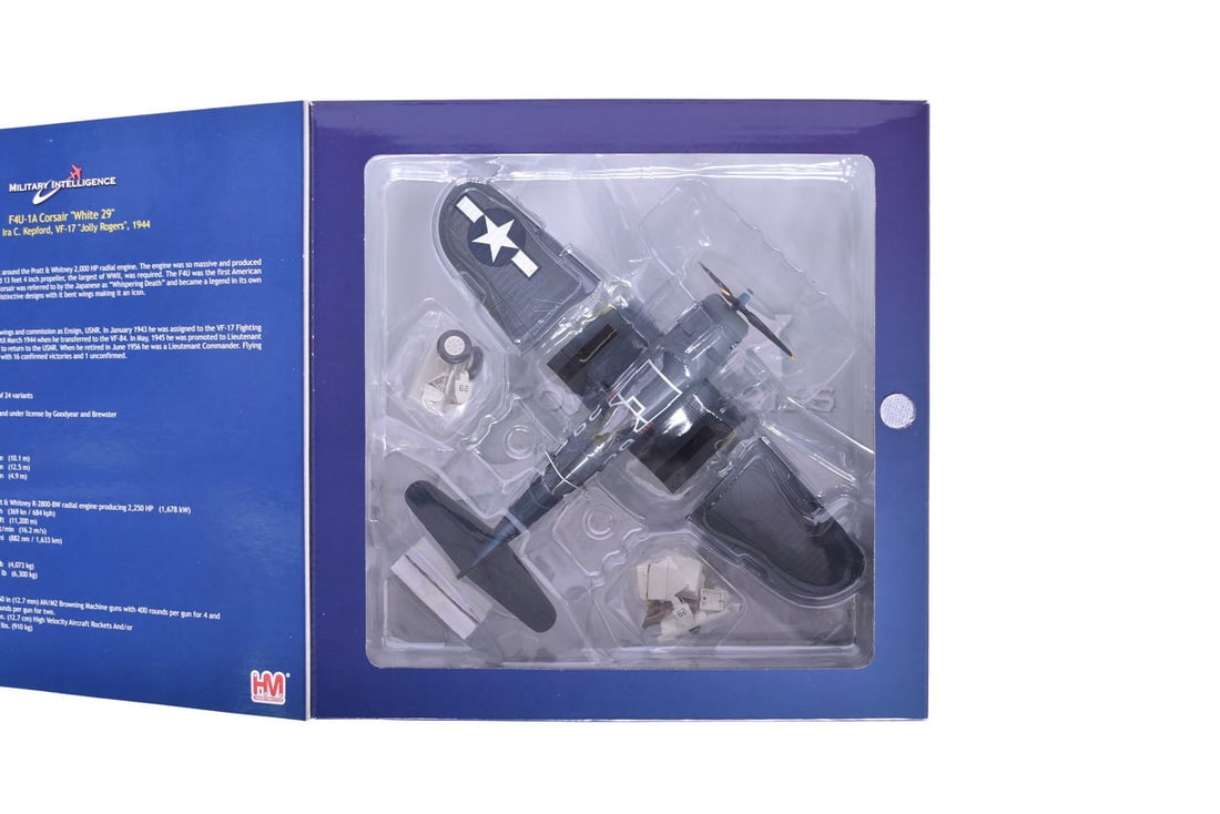 Hobby Master 1:48 F4U-1A Corsair "White 29" Diecast Military Plane: Hobby Master 1:48 F4U-1A Corsair "White 29" Diecast Military Plane Replica 1:48 scale die cast F4U-1A Corsair "White 29" Lt(JG). Ira C. Kepford, VF-17 "Jolly Rogers" 1944 by Hobby Master. Item No. HA8