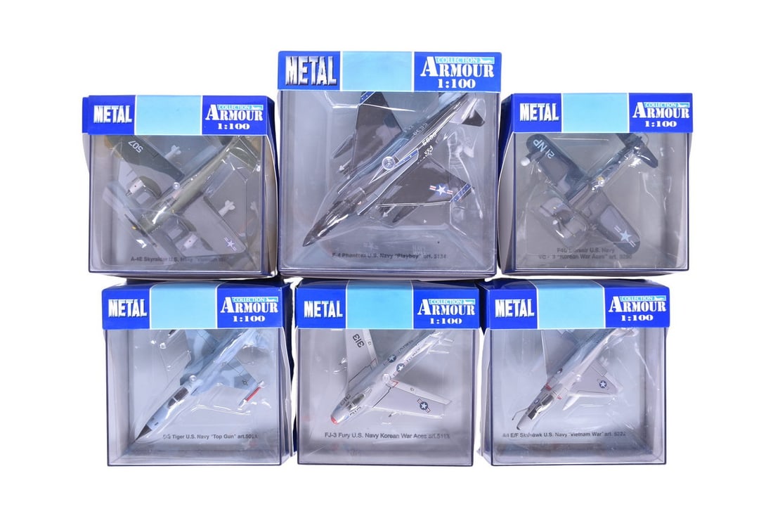 Six Armour Collection / Franklin Mint 1:100 U.S. Navy Diecast Planes: Six Armour Collection / Franklin Mint 1:100 U.S. Navy Diecast Planes Replica 1:100 scale diecast military planes by Armour Collection. Includes A4 E/F Skyhawk "Vietnam War" (Item No. ART 5222), FJ-3 F