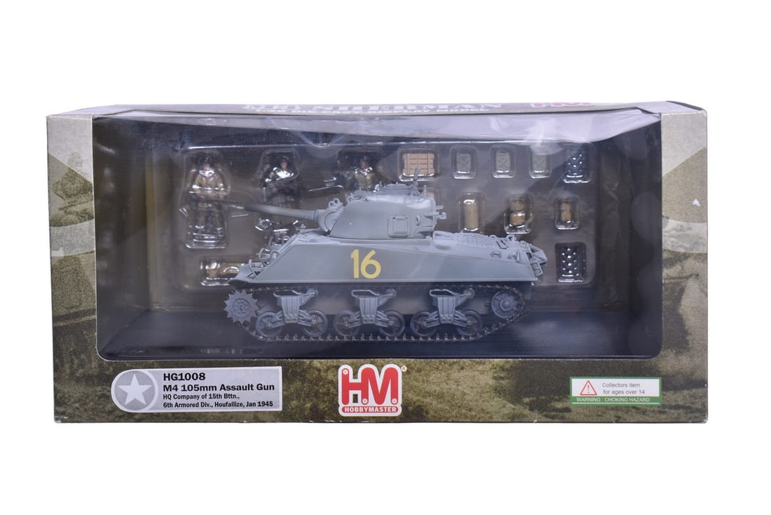Hobby Master 1:48 M4 Sherman 105mm Assault Gun Diecast WWII Military Tank - NIB: Hobby Master 1:48 M4 Sherman 105mm Assault Gun Diecast WWII Military Tank - NIB Replica 1:48 scale die cast M4 Sherman 105mm Assault Gun HQ Company of 15th Bttn., 6th Armored Div., Houfallize, Jan 194