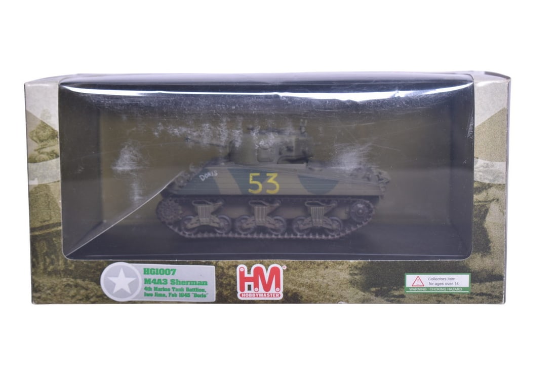 Hobby Master 1:48 M4A3 Sherman Marine Tank Iwo Jima Diecast WWII Military Tank: Hobby Master 1:48 M4A3 Sherman Marine Tank Iwo Jima Diecast WWII Military Tank Replica 1:48 scale die cast M4A3 Sherman 4th Marine Tank Battlion, Iwo Jima, Feb 1945 "Doris" WWII military tank by Hobby