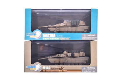 Pair of Dragon Armor 1:72 M1A2 and M1A1HA Abrams Diecast Military Tanks