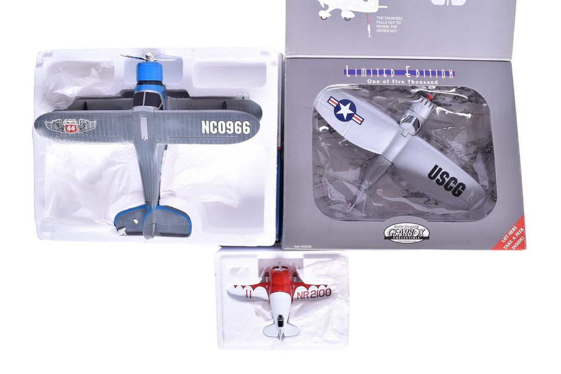 Trio of Diecast Model Planes - Phillips 66 1939 Beechcraft D17S, Gearbox Stinson Reliant (1 of 3)